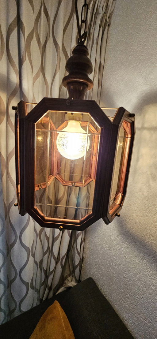Eikenhouten Hanglamp Met Rookglas Ruitjes 1960