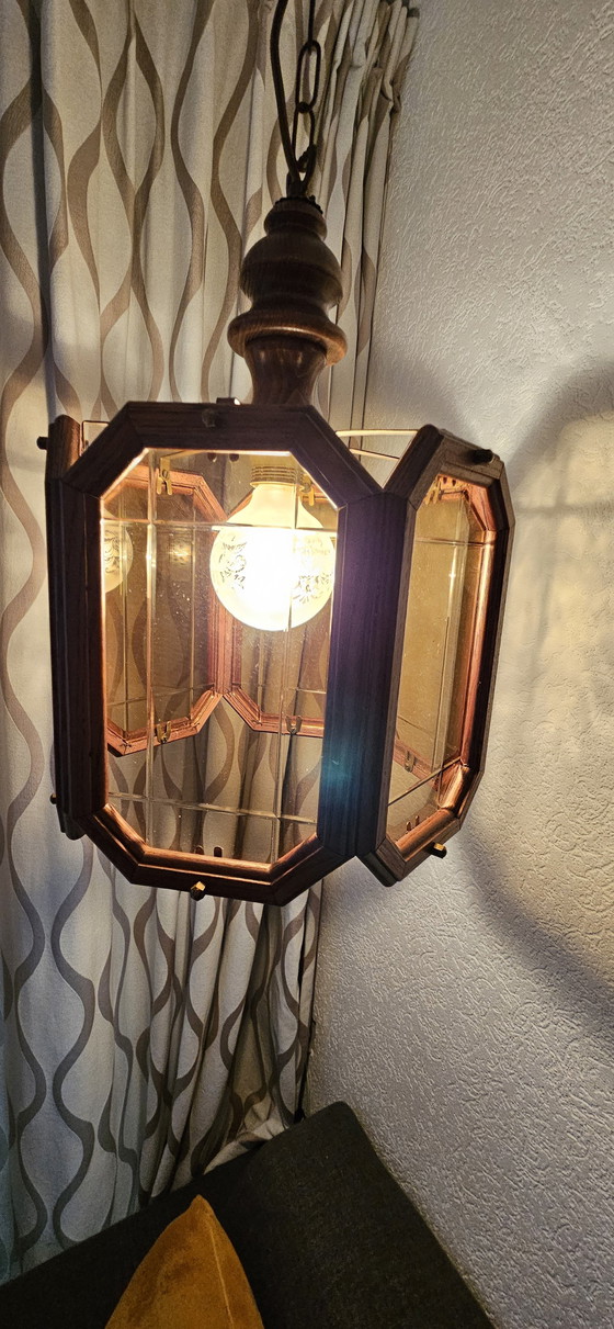 Image 1 of Eikenhouten Hanglamp Met Rookglas Ruitjes 1960