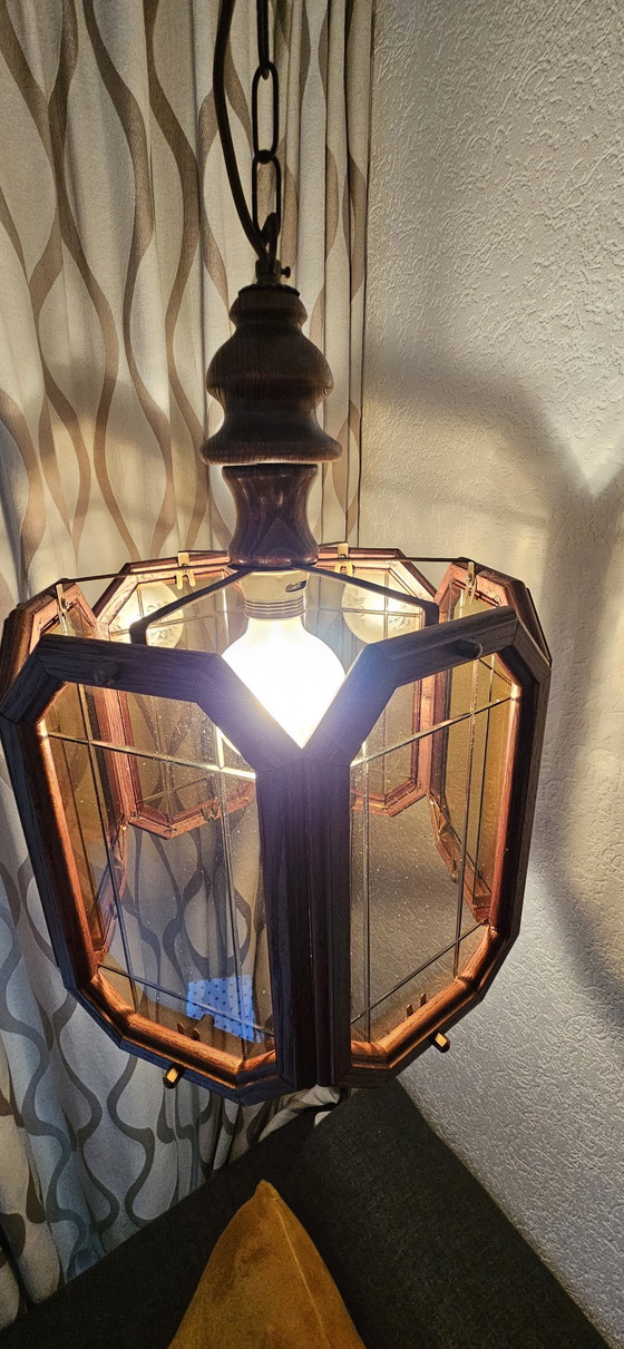 Image 1 of Eikenhouten Hanglamp Met Rookglas Ruitjes 1960