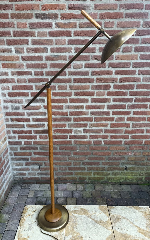 Vintage Deense Eikenhouten/Bronzen Vloerlamp