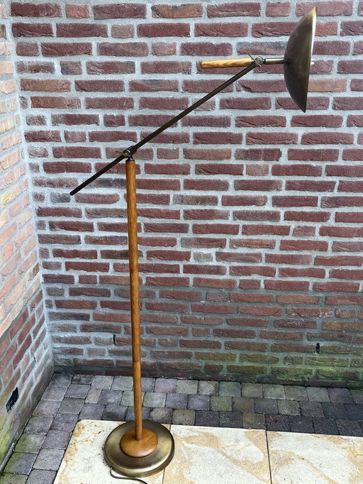 Vintage Deense Eikenhouten/Bronzen Vloerlamp