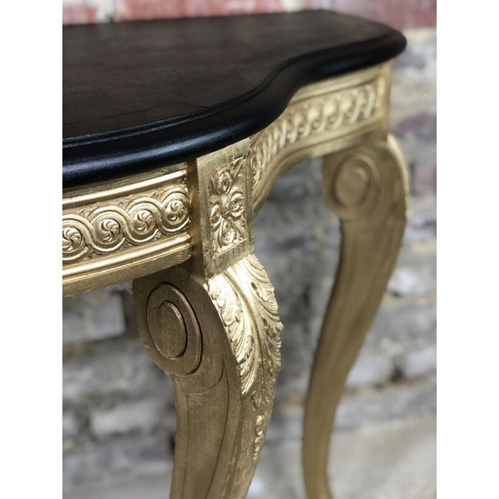 Image 1 of Vintage houtgesneden console met zwart gewaxt houten blad, 1980