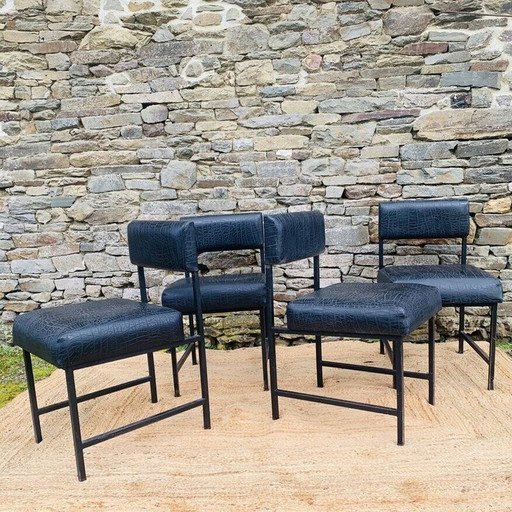 Set van 4 vintage lage stoelen van zwart metaal en matzwart skai, 1980