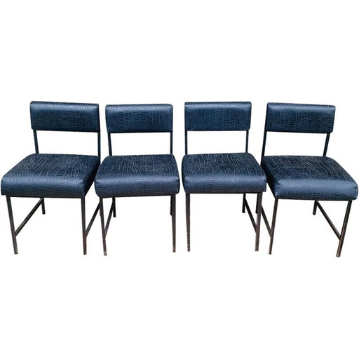 Set van 4 vintage lage stoelen van zwart metaal en matzwart skai, 1980
