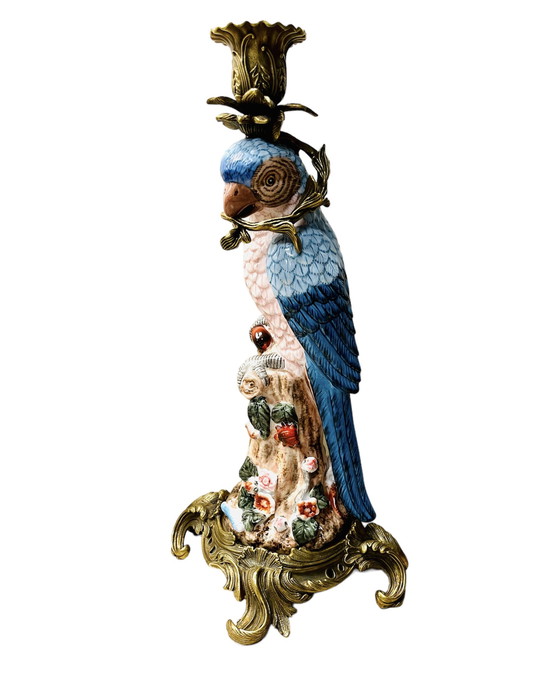 Image 1 of 2 x Vintage kandelaar papagaai brons + porselein
