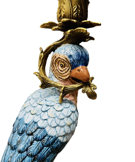 Image 1 of 2 x Vintage kandelaar papagaai brons + porselein