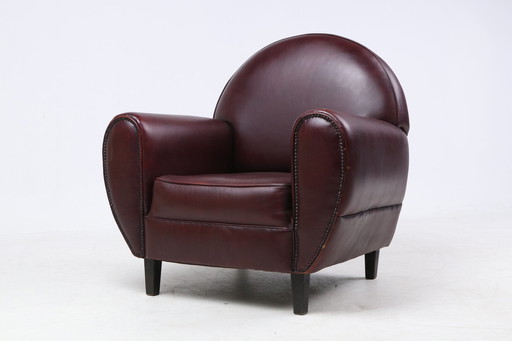 Vintage Maroon lederen Art Deco stijl fauteuil