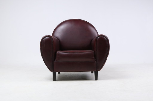 Vintage Maroon lederen Art Deco stijl fauteuil