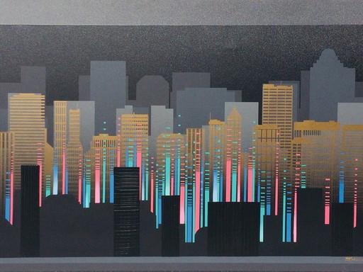 Large Painting (152 X 102): Skyscrappers By Franco (Usa) 80S