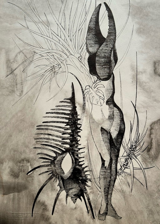 Eugene Eechaut (1928-2019) - Surrealistische inktcompositie, 1969