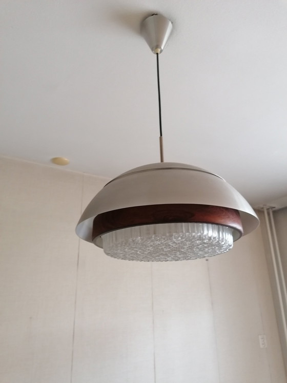 Image 1 of Roestvrijstalen Hanglamp Met Houten Rand En Kristallen Lampschijf