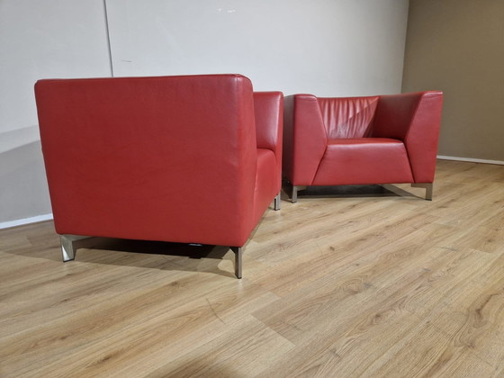 Image 1 of 2X Montel Parker Fauteuils - Rood - Leder - Design -Topstaat