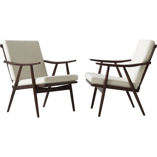 Paar vintage houten en stoffen fauteuils voor Ton, Tsjecho-Slowakije 1960