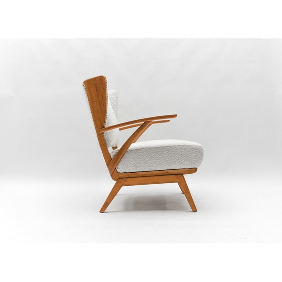 Image 1 of Vintage wingback fauteuil in witte Boucle stof en hout, Italië 1950
