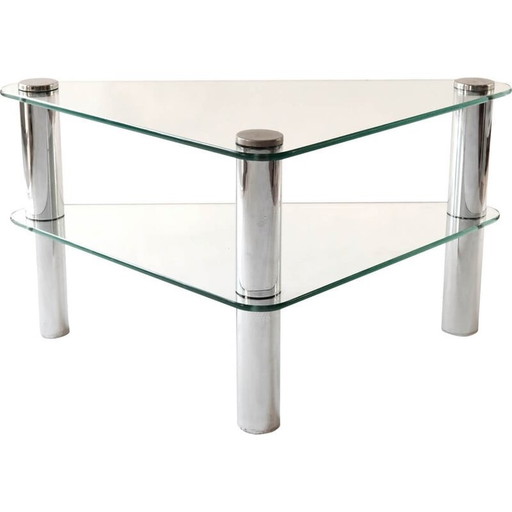 Italiaanse vintage driehoekige salontafel van glas en chroom, jaren 1970