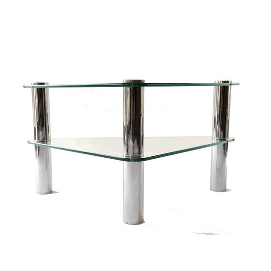 Image 1 of Italiaanse vintage driehoekige salontafel van glas en chroom, jaren 1970