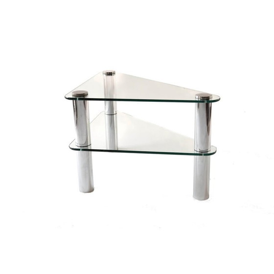 Image 1 of Italiaanse vintage driehoekige salontafel van glas en chroom, jaren 1970
