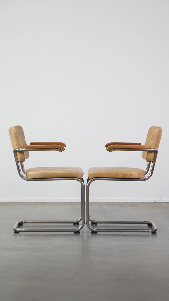 Image 1 of 6 X Vintage Leren Thonet Design Eetkamerstoel Model S64