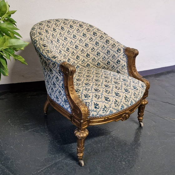 Image 1 of Antieke Art Nouveau fauteuil met stucdecoratie op wielen