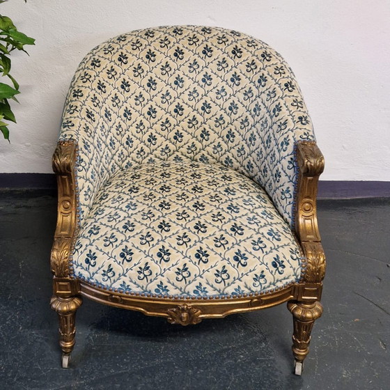 Image 1 of Antieke Art Nouveau fauteuil met stucdecoratie op wielen