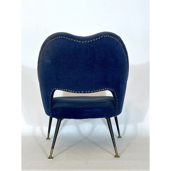 Image 1 of Vintage Italiaanse blauwe stoffen en messing fauteuil, jaren 1950