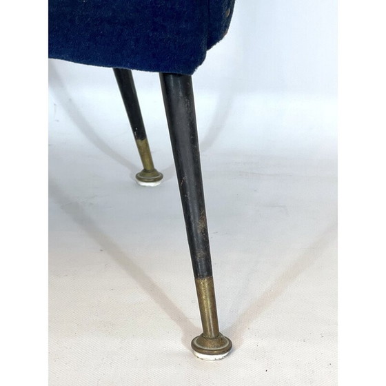 Image 1 of Vintage Italiaanse blauwe stoffen en messing fauteuil, jaren 1950