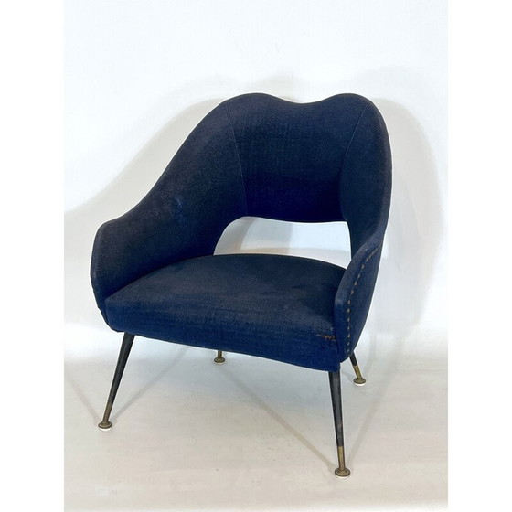 Image 1 of Vintage Italiaanse blauwe stoffen en messing fauteuil, jaren 1950