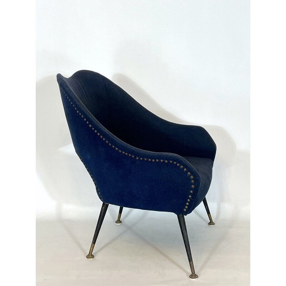 Image 1 of Vintage Italiaanse blauwe stoffen en messing fauteuil, jaren 1950