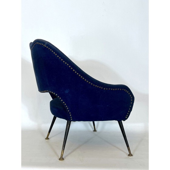 Image 1 of Vintage Italiaanse blauwe stoffen en messing fauteuil, jaren 1950