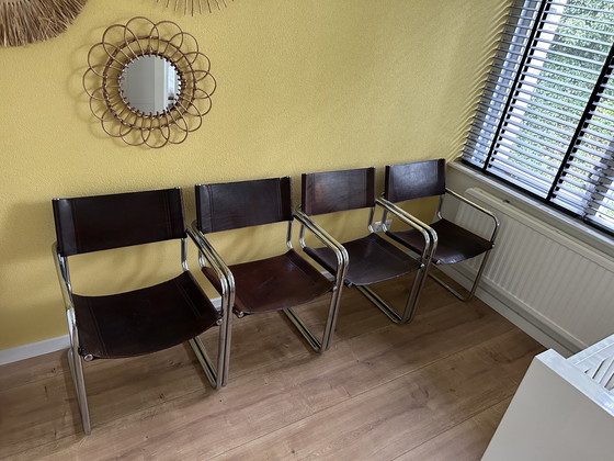 Image 1 of 4x Vintage lederen Cantilever eetkamerstoelen