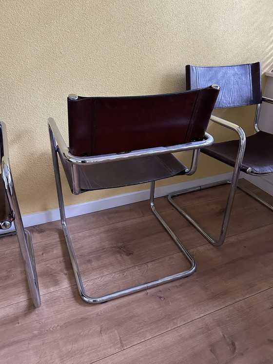 Image 1 of 4x Vintage lederen Cantilever eetkamerstoelen