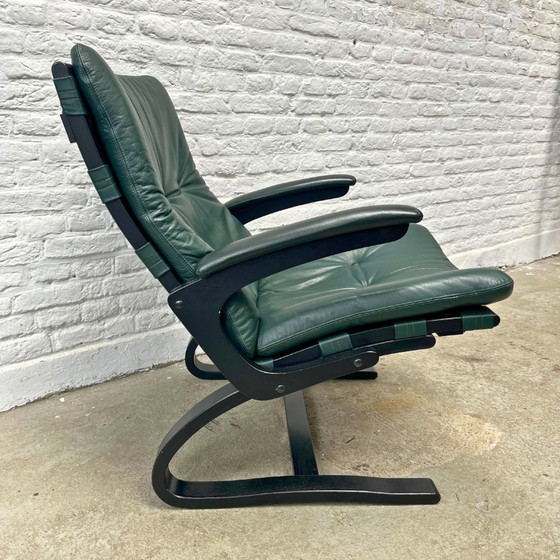 Image 1 of Midcentury fauteuil - leer groen zwart