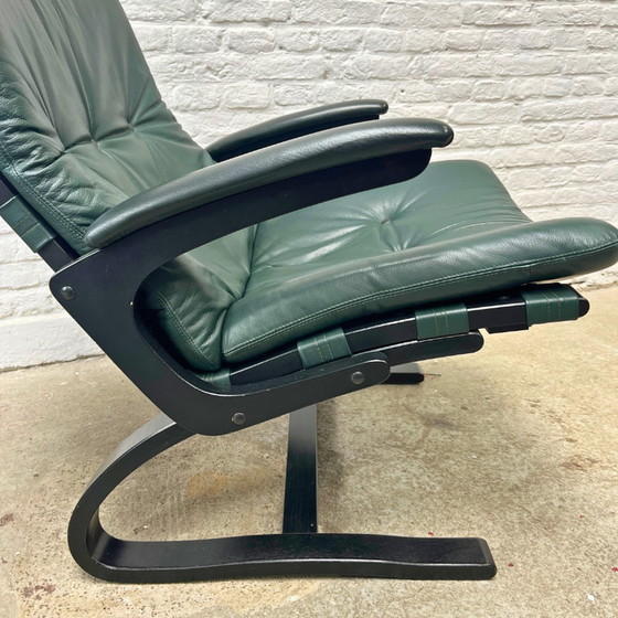 Image 1 of Midcentury fauteuil - leer groen zwart