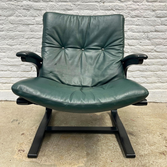 Image 1 of Midcentury fauteuil - leer groen zwart