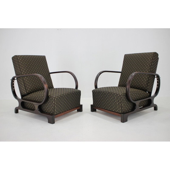 Image 1 of Paar vintage Art Deco fauteuils in gebeitst beukenhout en stof, Tsjecho-Slowakije 1930