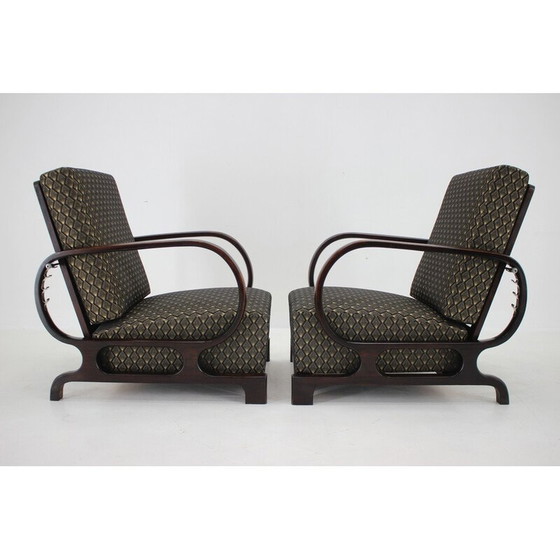 Image 1 of Paar vintage Art Deco fauteuils in gebeitst beukenhout en stof, Tsjecho-Slowakije 1930