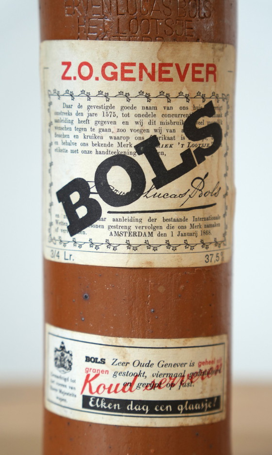 Image 1 of Grote 1L Bols aardewerk fles - Vintage Nederlandse jenever collectible