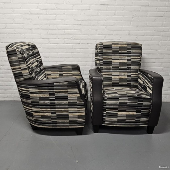 Image 1 of 2X Designer Stof Met Leder Fauteuil, Houweling Interieur