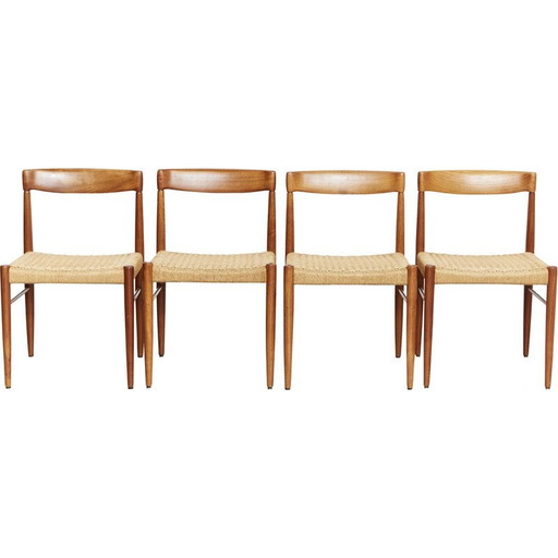 Set van 4 vintage eetkamerstoelen in massief teakhout en papierkoord van Harry W.Klein voor Bramin, Denemarken