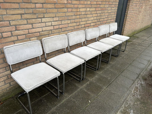 6X Light Grijze Ribstof Stoelen Met Chromen Buisframe