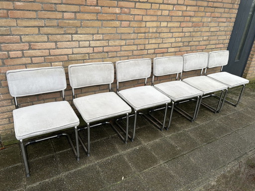 6X Light Grijze Ribstof Stoelen Met Chromen Buisframe