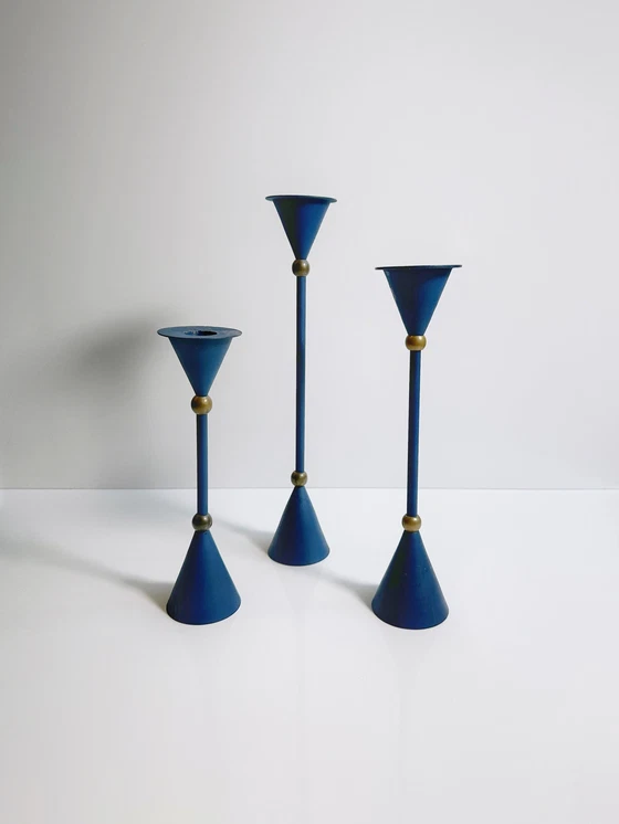 Image 1 of 3 Vintage kandelaars Blauw 80s 90s Memphis Milano Postmodern