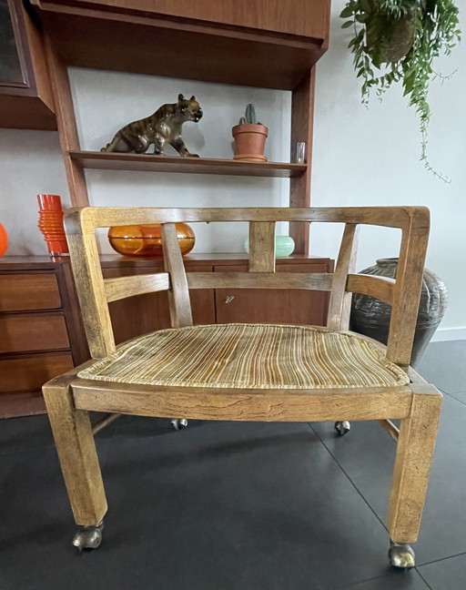 2x Vintage Olijfhouten Gebogen Fauteuils