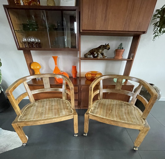 Image 1 of 2x Vintage Olijfhouten Gebogen Fauteuils