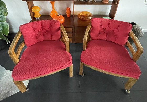 Image 1 of 2x Vintage Olijfhouten Gebogen Fauteuils