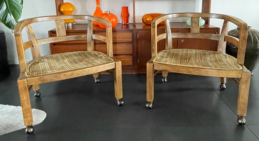 2x Vintage Olijfhouten Gebogen Fauteuils