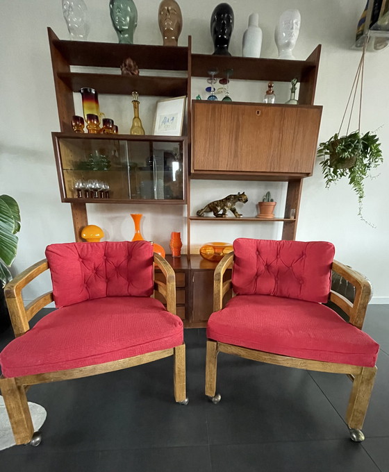 Image 1 of 2x Vintage Olijfhouten Gebogen Fauteuils