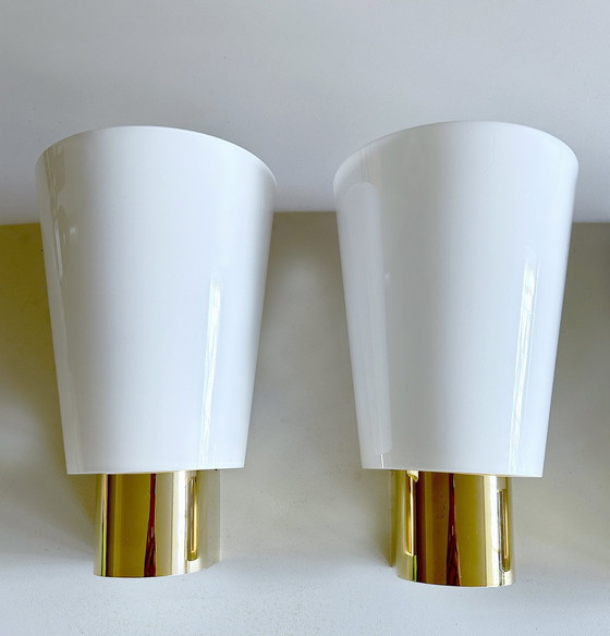 Image 1 of 2x Vintage Limburgse Gold en Glas Wandlampen