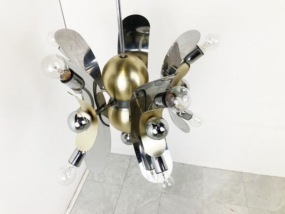 Image 1 of Vintage Italiaanse kroonluchter van chroom en messing