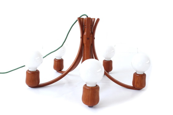 Image 1 of als nieuw, DOMUS Deense Mid Century Teak LED Lamp / Kroonluchters, hanglamp met 5x Paulmann LED, 